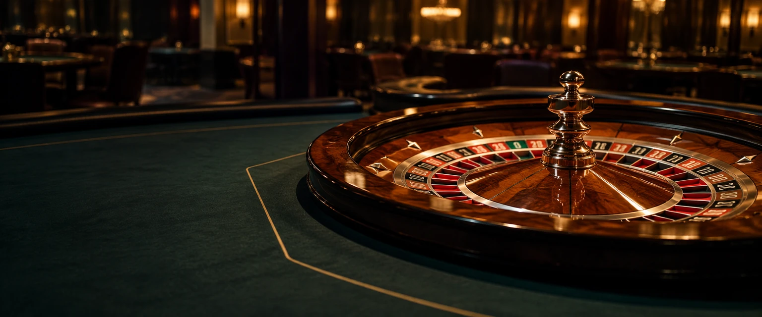 Ruleta de madera sobre una mesa de casino verde